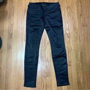 True Religion Low Rise Skinny Jeans Black Coated Faux Leather Satin Look Size 28